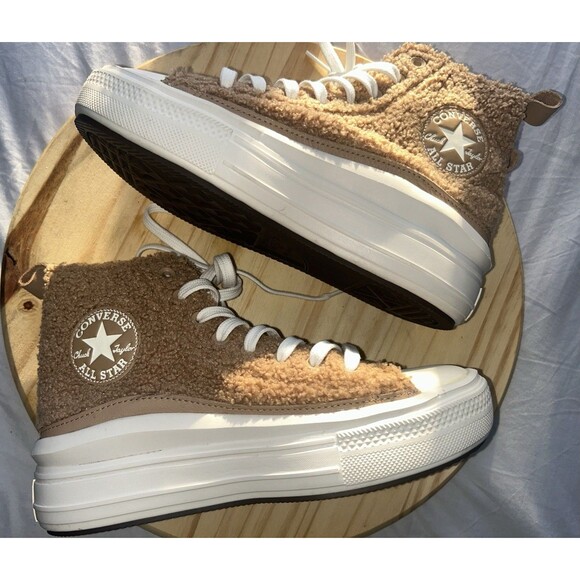 Size 7.5 - Converse Chuck Taylor All Star Move Platform High Sherpa - Tan - Picture 1 of 12